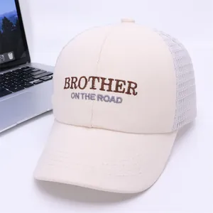 Detailed embroidery of BROTHER ON THE ROAD on a mesh baseball cap for kids