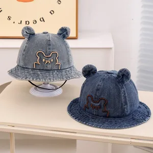 Denim bear bucket hats for kids in light and dark blue with 3D ears and wind rope