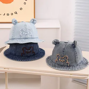 Kids Denim Bucket Hat With 3D Bear Cat Ears Cute Cartoon Embroidery Sun Shade Hat For Toddler Boys Girls Casual Outdoor Cap