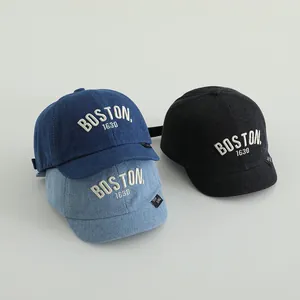 Three colors of denim baseball caps with Boston embroidery and soft fabric texture