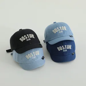 Kids vintage denim baseball cap with BOSTON embroidery shown in multiple colors