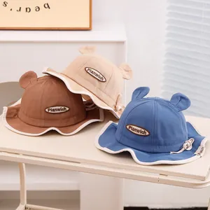 Chapeau de Pêcheur Mignon pour Enfant en Toile de Coton Avec Oreilles d'Ours 3D et Nœud Été Protection Solaire pour Filles