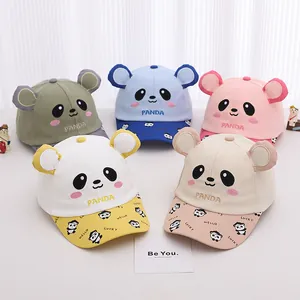 Detail of five colorful panda baseball hats with 3D ears and embroidery for children