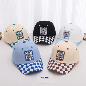 Kids baseball cap with cartoon bear embroidery and checkered brim in multiple colors
