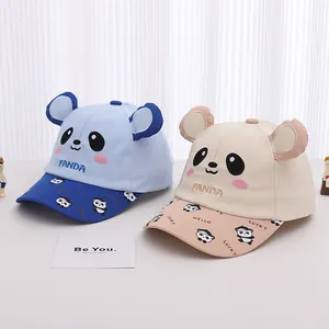 Cartoon panda baseball hats for toddlers with 3D ears in blue and beige cotton fabric