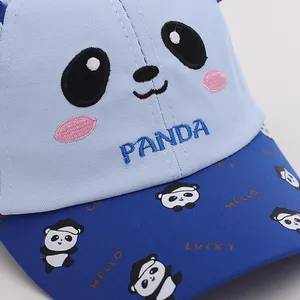Blue kids baseball cap with panda embroidery and cartoon printed brim for sun protection