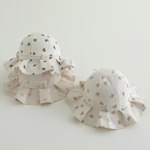 Kids Cotton Bucket Hat With Bowknot Print Ruffle Wide Brim Sun Protection Baby Summer Sunshade Hat For 1-3 Years Old Girls