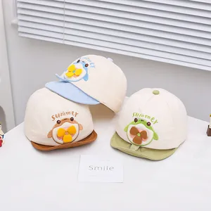 Detailed macro shot of three baby baseball caps with cute cartoon animal embroidery and soft brims