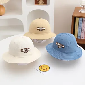 Kids cotton sun hats with HELLO embroidery in beige, khaki, and light blue colors