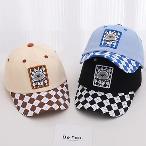 Kids Cartoon Dog Patch Baseball Cap Checkerboard Brim Adjustable Cotton Blend Sun Hat For Boys Girls Toddler Outdoor Travel