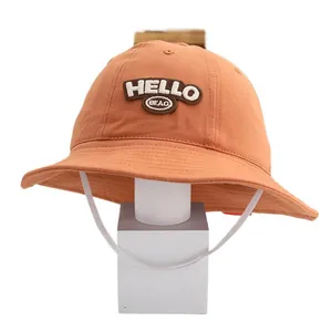 Children's peach cotton sun hat with HELLO embroidery and elastic windproof chin strap