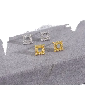 Square geometric copper earrings with micro-inlaid zircon in gold and silver finish