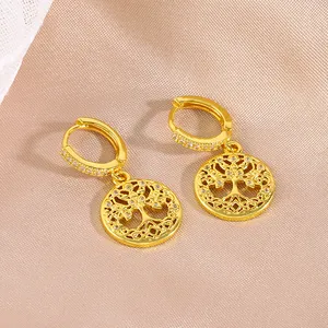 Golden Tree of Life hoop earrings with micro-set cubic zirconia on champagne silk
