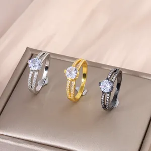 Double layer micro-set zircon rings in gold, silver and black finishes for women