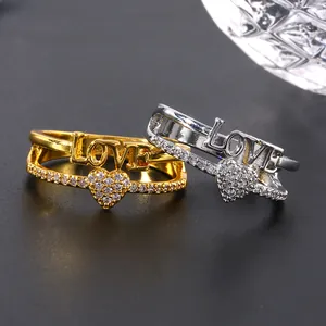 Luxurious love heart micro-pave zircon rings with double-layered gold and silver finish