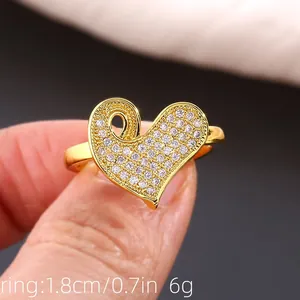 Gold plated heart ring with micro-paved cubic zirconia crystals, 1.8cm diameter