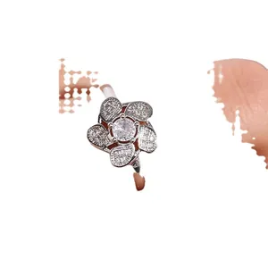 Luxurious silver five-petal flower ring with micro-paved zircons and center stone