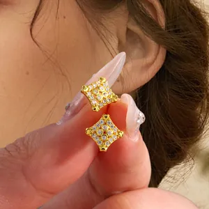 Luxury Square Hip Hop Stud Earrings For Women Copper Zirconia Full Diamond Gold Silver Plated Geometric Ear Jewelry Party Gift