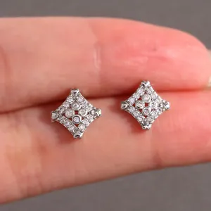 Square hip-hop stud earrings with micro-pave cubic zirconia and heart corner accents