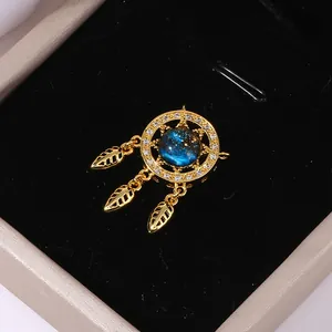Bohemian copper gold plated dreamcatcher pendant necklace with blue zircon and leaves