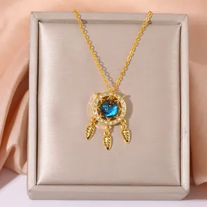 Elegant Copper Zirconia Dreamcatcher Pendant Necklace Blue Starry Glass Ball With Leaf Charms Gold Plated Jewelry For Women Gift