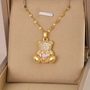 18K Verguld Koperen Beer Hanger Halsketting Met Zirkonia Roze Klaver Element Voor Vrouwen Zoete Mode Sieraden Cadeau