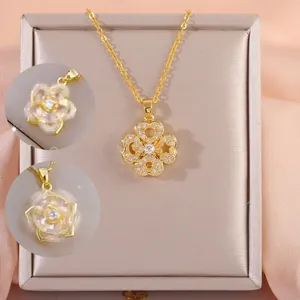Luxury Copper Gold Plated Zirconia Four Leaf Clover Heart Pendant Necklace With Rose Projection Romantic Jewelry Gift For Women