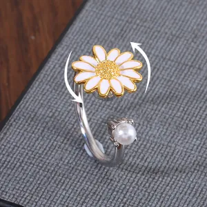 Gänseblümchen Drehbares Perle Kupfer Offener Ring Für Damen Zirkonia Emaille Verstellbarer Blumen Fingerring Anti Stress Schmuck Geschenk