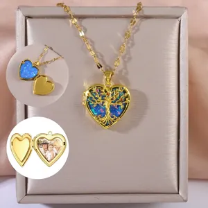Collana con Medaglione a Cuore in Rame Placcato Oro per Donna Albero della Vita con Zirconi Pendente Porta Foto Gioielli Regalo