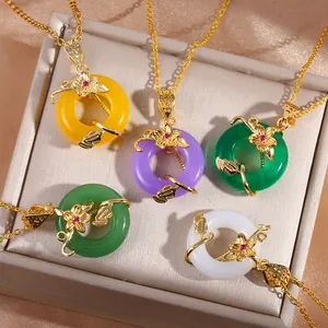 Chinese Style Ping An Kou Pendant Necklace Flower Vine Inlaid Zirconia Gold Plated Copper Imitation Jade Jewelry For Women