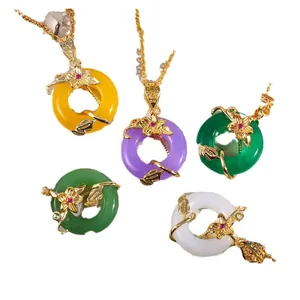 Ethnic style copper necklace with jade flower pendant and colorful zircon inlay