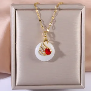 Elegant Gold Plated Copper Zirconia Swan Pendant Necklace With Red Water Drop Stone And White Ceramic-Look PVC Decoration For Women Vintage Jewelry