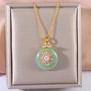 Luxury Copper Zirconia Sunflower Pendant Necklace With Green Faux Jade Pi Disc Vintage Golden Chain Jewelry For Women