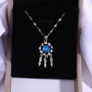 Western Style Copper Zirconia Blue Star Dreamcatcher Pendant Necklace With Feather Charms For Women Fashion Jewelry Gift