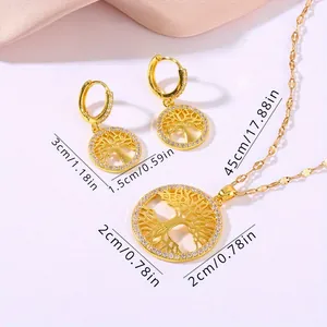 Macro shot of gold tree of life jewelry set with 45cm chain and micro paved zircon details