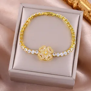 Luxury Rotating Clover Flower Bracelet For Women Gold Plated Titanium Steel Copper White Zirconia Micro-set Fashion Jewelry Gift