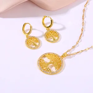Detailed view of the Tree of Life jewelry set featuring cubic zirconia and gold plating