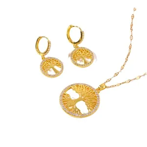 Golden Tree of Life jewelry set with micro-paved zircons necklace and earrings