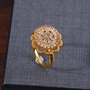 Rotatable double-layer snow lotus flower ring with copper-gold plating and zircons