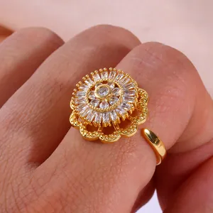 Gold Plated Copper Cubic Zirconia Rotating Snow Lotus Flower Ring Adjustable Rotating Fidget Spinner Ring For Women Jewelry Gift