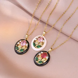 Vintage Gold Plated Copper Rose Flower Enamel Pendant Necklace With Zircon For Women Artistic Wax Seal Coin Jewelry Gift