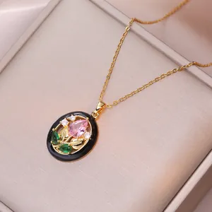 Oval rose wax seal necklace with pink pear stone and zircon inlay in gold finish