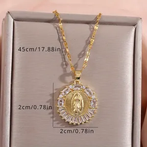 Detail view of gold Virgin Mary pendant with cubic zirconia and 45cm lip chain dimensions