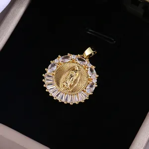 Religious Virgin Mary pendant necklace in gold-plated copper with sparkling zircon stones