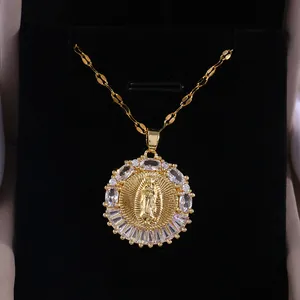 Vintage Copper Gold Plated Virgin Mary Guadalupe Round Badge Pendant Necklace With Zirconia For Women Religious Jewelry