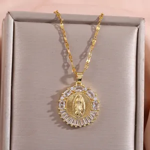 Gold plated Virgin Mary medallion necklace with micro paved cubic zirconia crystals