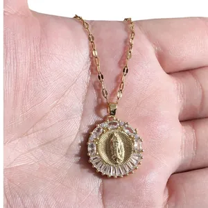 Gold Virgin Mary circular pendant necklace with cubic zirconia pavé setting for women