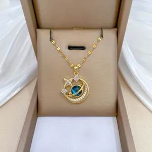 Collier Pendentif Étoile Lune Planète Chaîne En Acier Inoxydable Bijoux En Cuivre Zircon Pour Femmes Galaxie Élégante