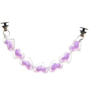 Purple heart-shaped beaded chain decoration for clogs with metallic rings and black T-buckle