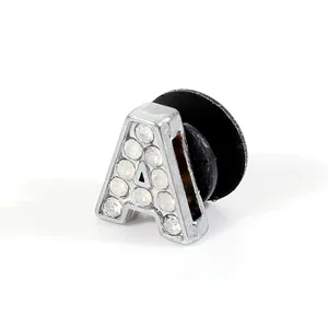Sparkling rhinestone letter A shoe charm with silver metal base and black rubber backing